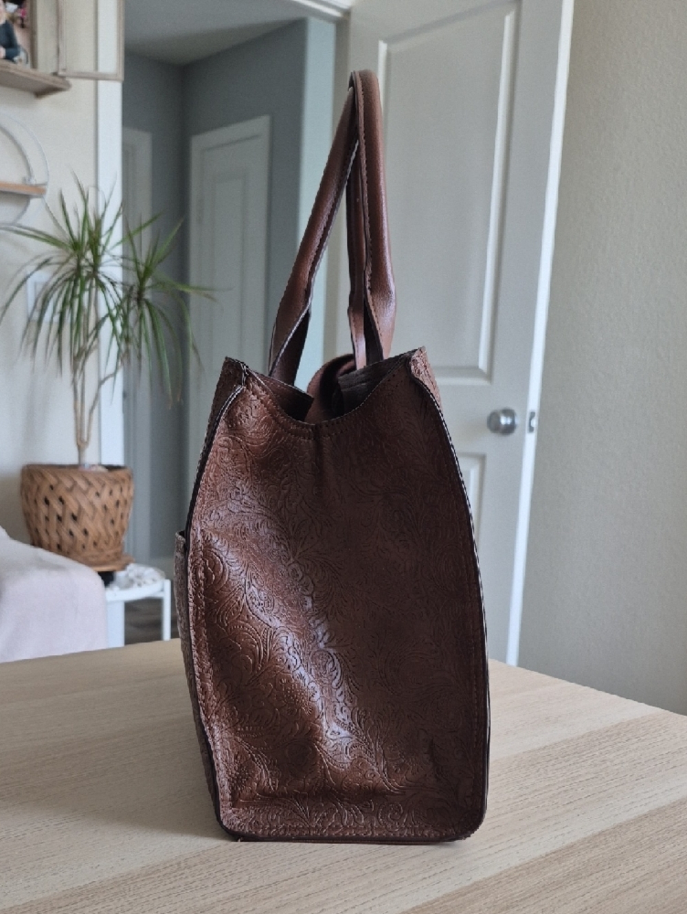 Lucky Brand Brown Floral Embossed Leather Satchel - Picture 7 of 12